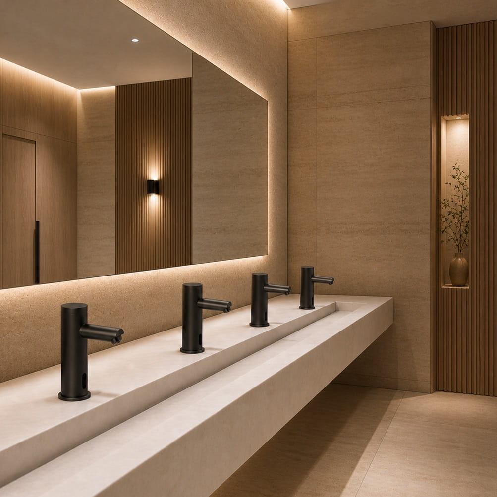 Modern public bathroom with touchless faucet fixtures and clean commercial sink design